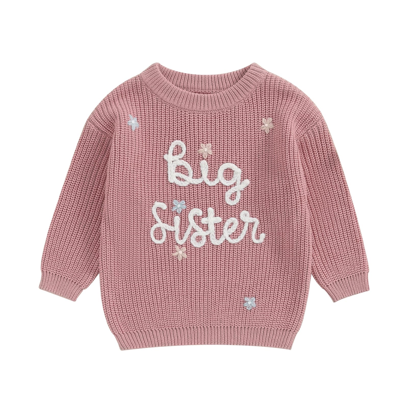 Amnnchya Toddler Infant Baby Girl Knit Sweater Big Sister Little Sister Matching Outfits Long Sleeve Pullover Sweatshirt (Rose R