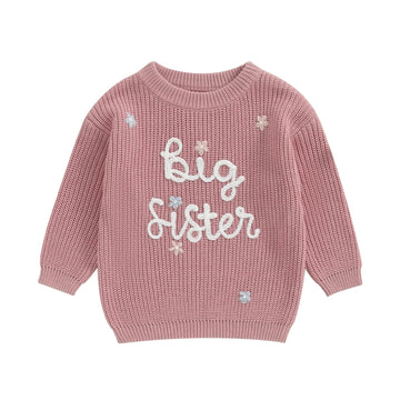 Amnnchya Toddler Infant Baby Girl Knit Sweater Big Sister Little Sister Matching Outfits Long Sleeve Pullover Sweatshirt (Rose R