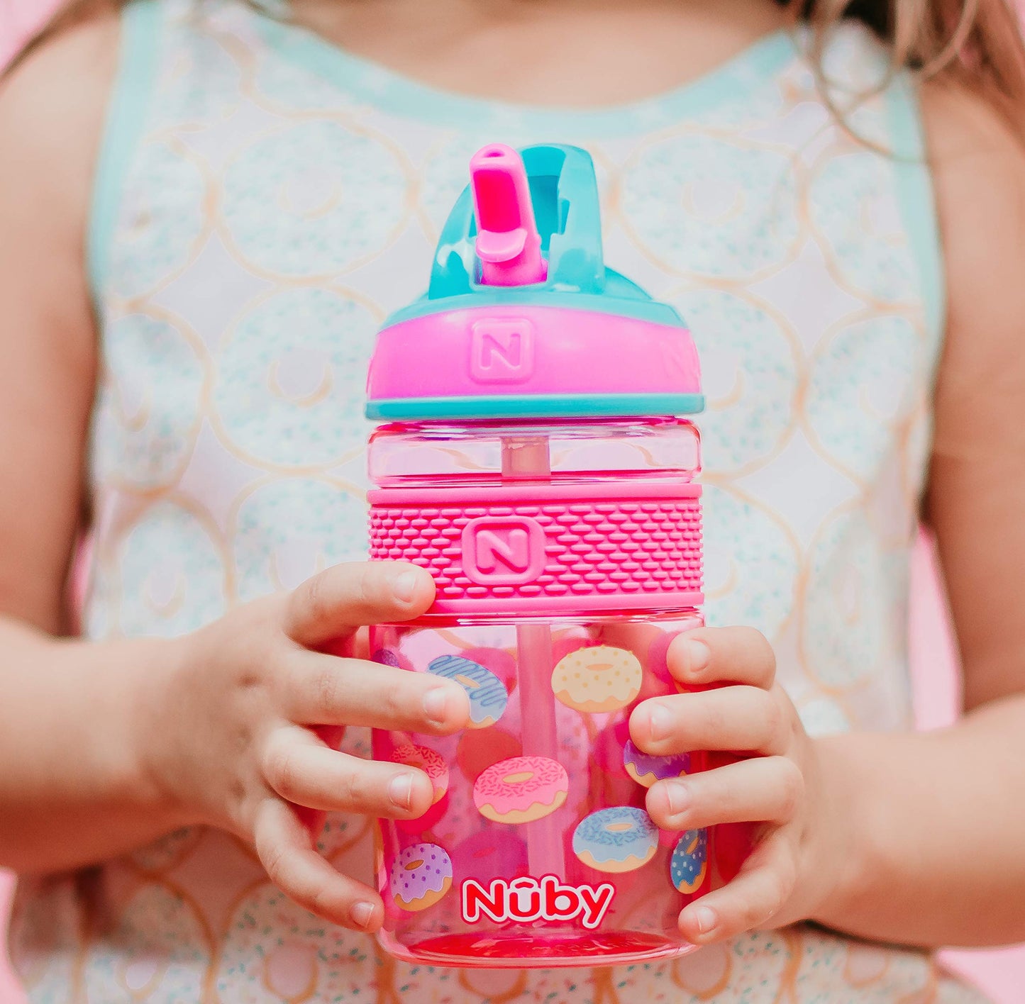 Nuby Thirsty Kids Flip-It Freestyle On The Go Water Bottle With Bite Resistant Hard Straw Cup And Easy Grip Band, Pink Donuts, 1