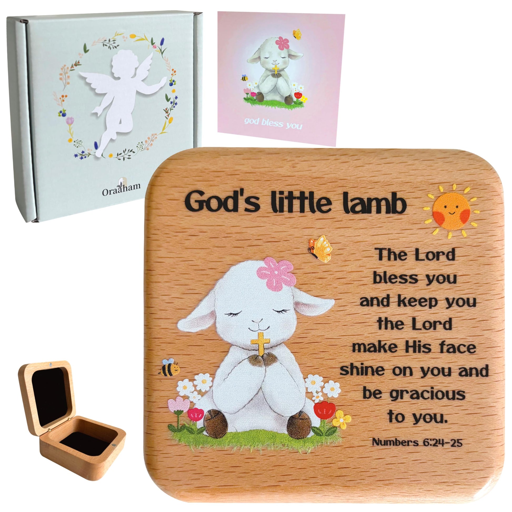 Oraaham Rosary Keepsake Jewelry Box for Girls - Baby Baptism, First Communion Gift - Wooden Prayer Memory Box for Children