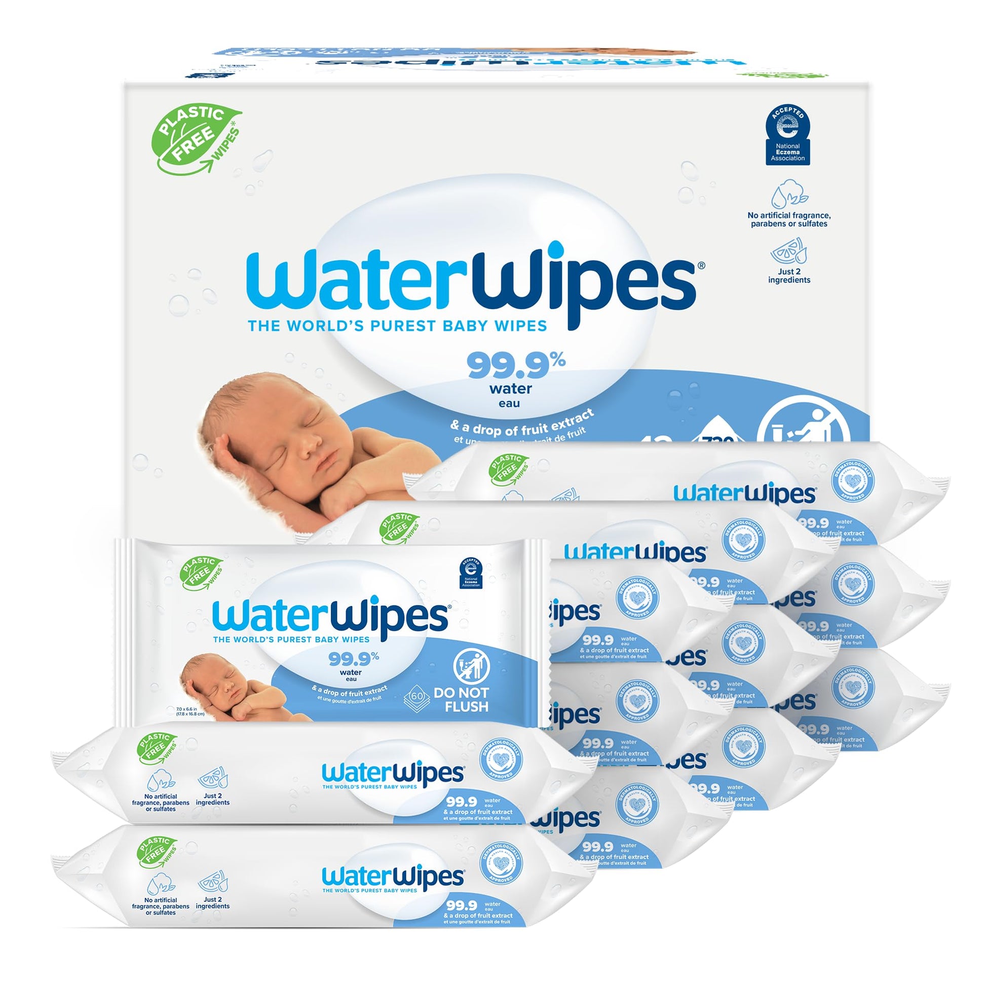 Waterwipes Plastic-Free Original Baby Wipes, 99.9% Water Based Wipes, Unscented & Hypoallergenic For Sensitive Skin, 60 Count (P