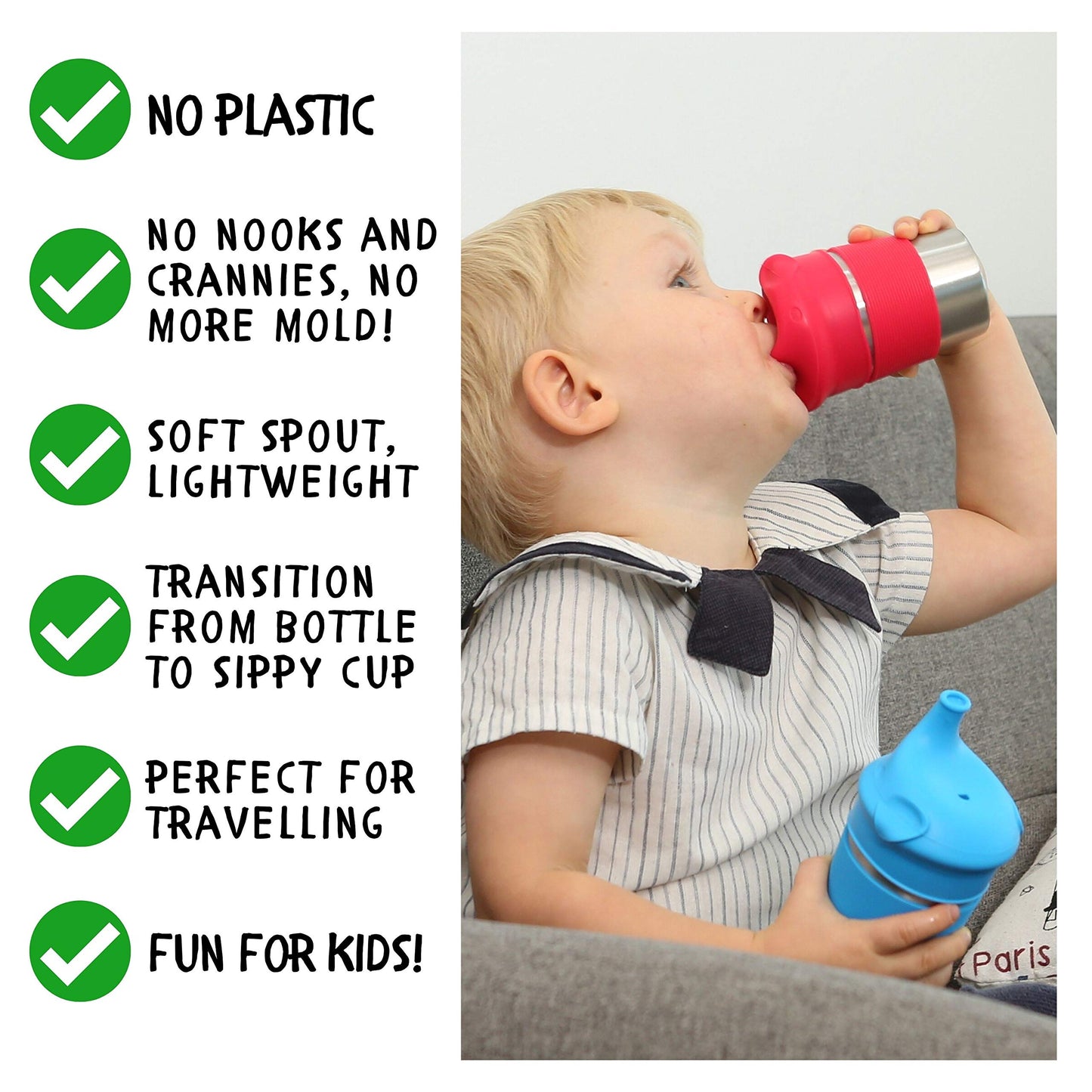Sunzio Stainless Steel Non-Spill Sippy Cups For Toddlers And Kids With Silicone Lids | 10Oz 4 Pack | Non-Plastic And Break-Proof