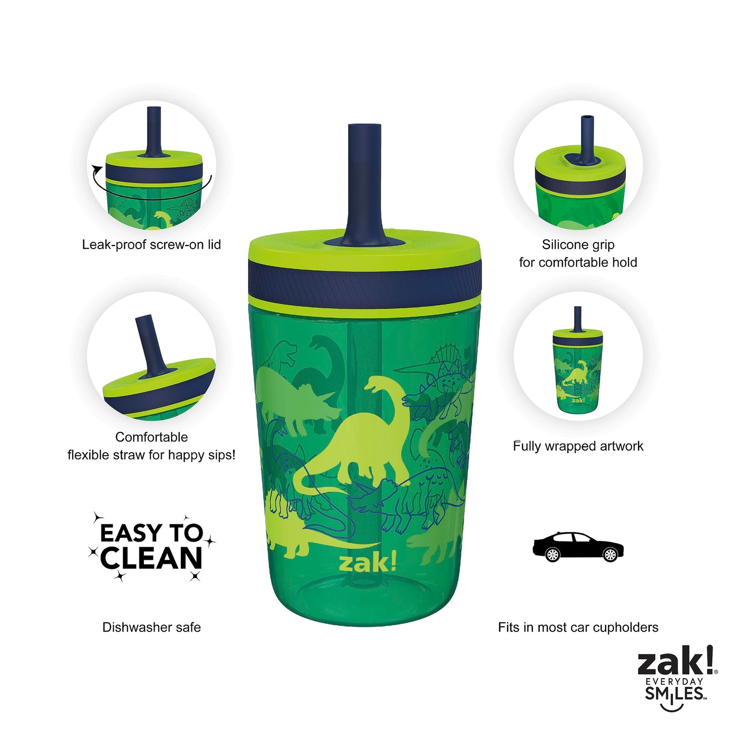 Zak Designs Kelso 15 Oz Tumbler Set, (Dino Camo) Non-Bpa Leak-Proof Screw-On Lid With Straw Made Of Durable Plastic And Silicone