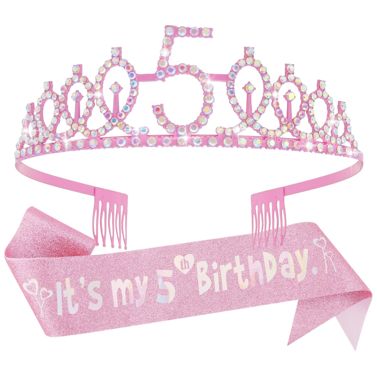 Canitor 5th Birthday Decorations for Girl Birthday Girl Crown Tiara & Glitter Sash Set for 5 Year Old Girl Gift Idea Princess He