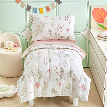 Joyreap 4 Piece Cotton Toddler Bedding Set For Girls, Pink Flowers Reversible Design, Soft Breathable Cotton Toddler Comforter S