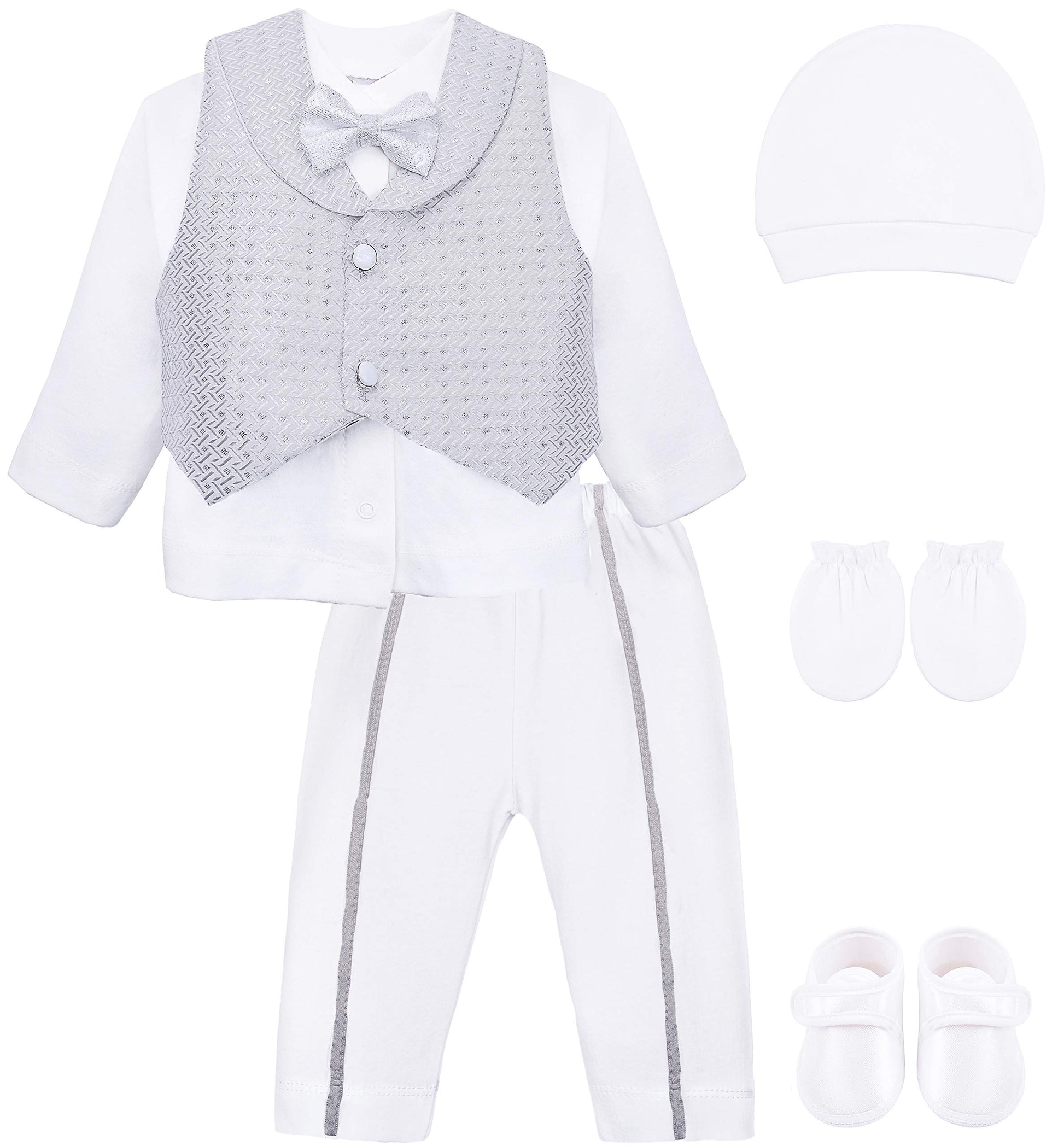 Lilax Baby Boys Newborn Gentleman Outfit Long Sleeve White Shirt With Vest And Pant 6 Piece Set 0-3 Gray