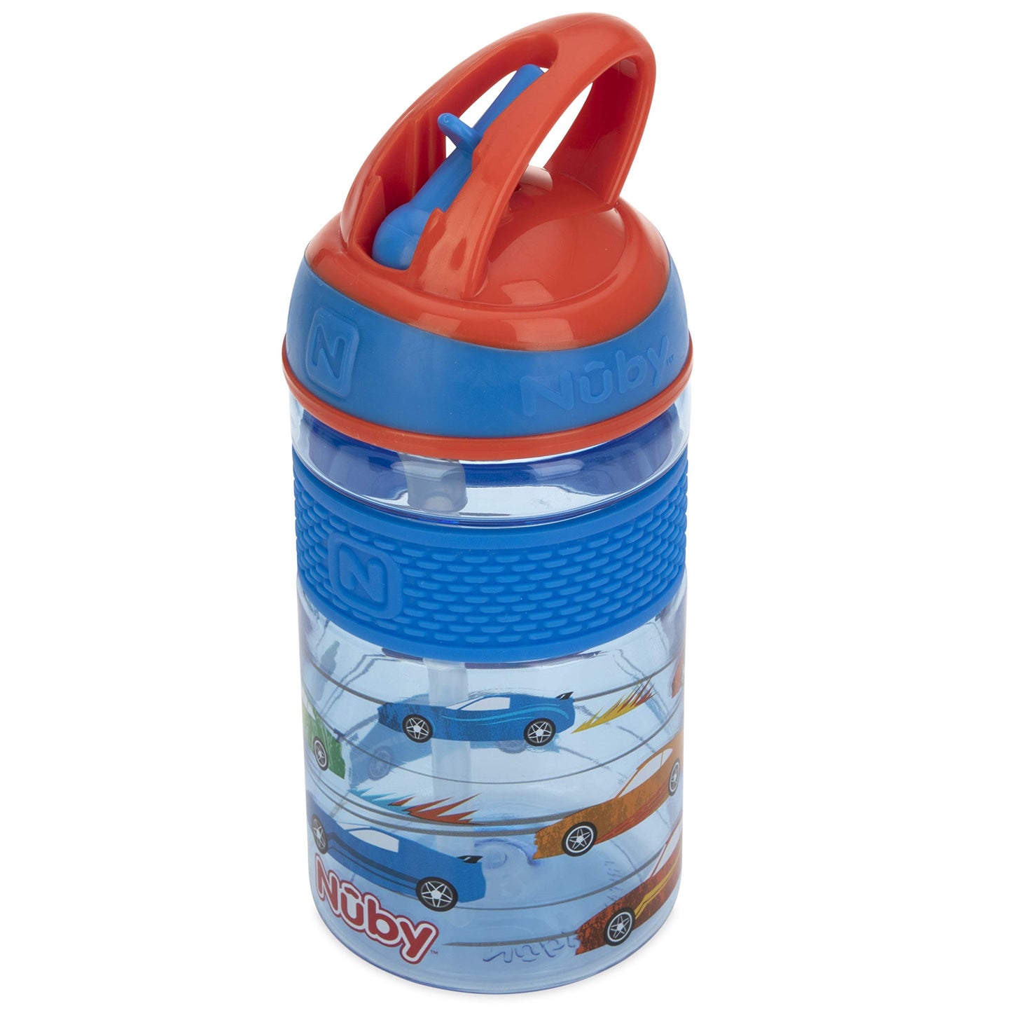 Nuby Thirsty Kids Flip-It Freestyle 12 Oz Water Bottle With Bite Resistant Hard Straw, Blue Cars