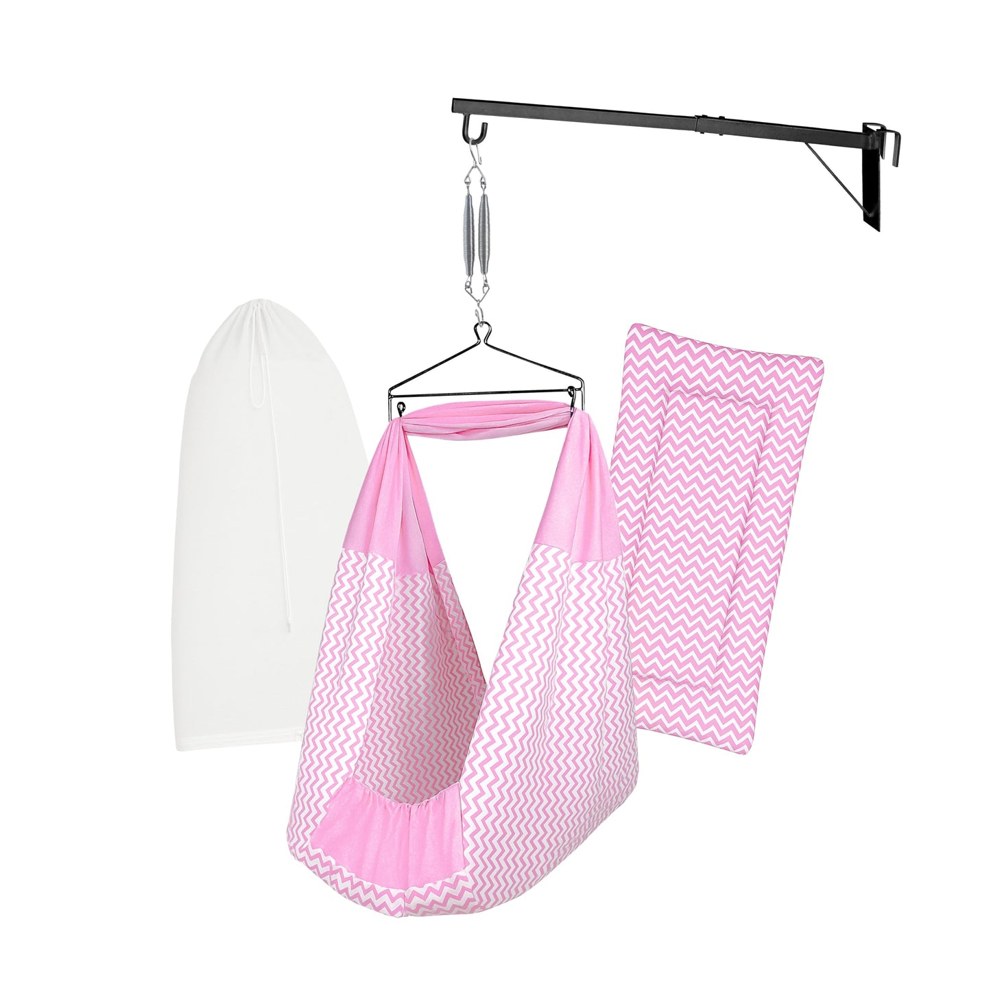 Beetot Baby Set | Pure Cotton Cloth, Removal Pad, Mosquito Net, Spring, Triangle And Window Hanger | Fs- (Pink, Stripe Design)