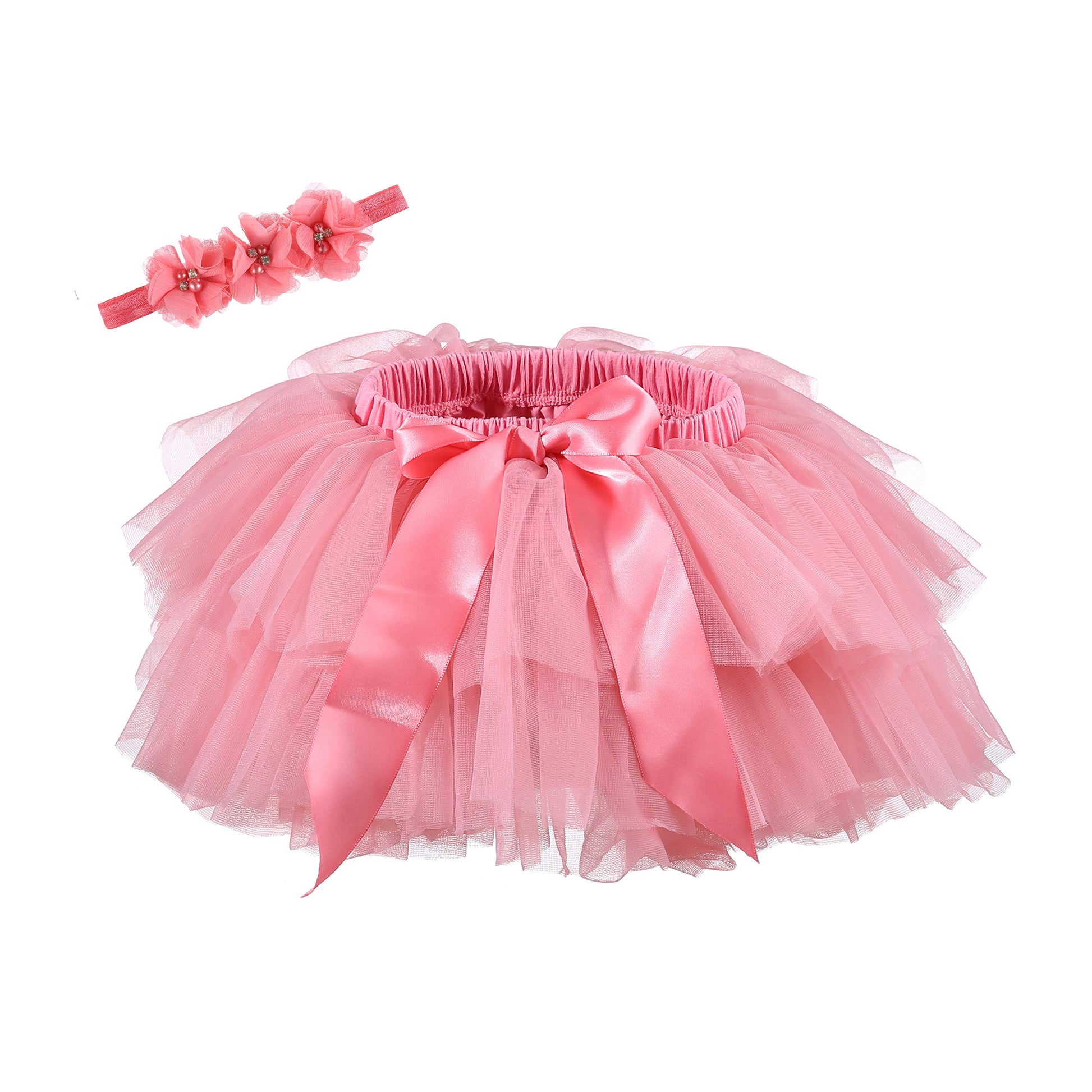 Baby Girls Tutu Skirt Headband Set Toddler Ruffle Tulle Diaper Covers 6-24 Month Coral
