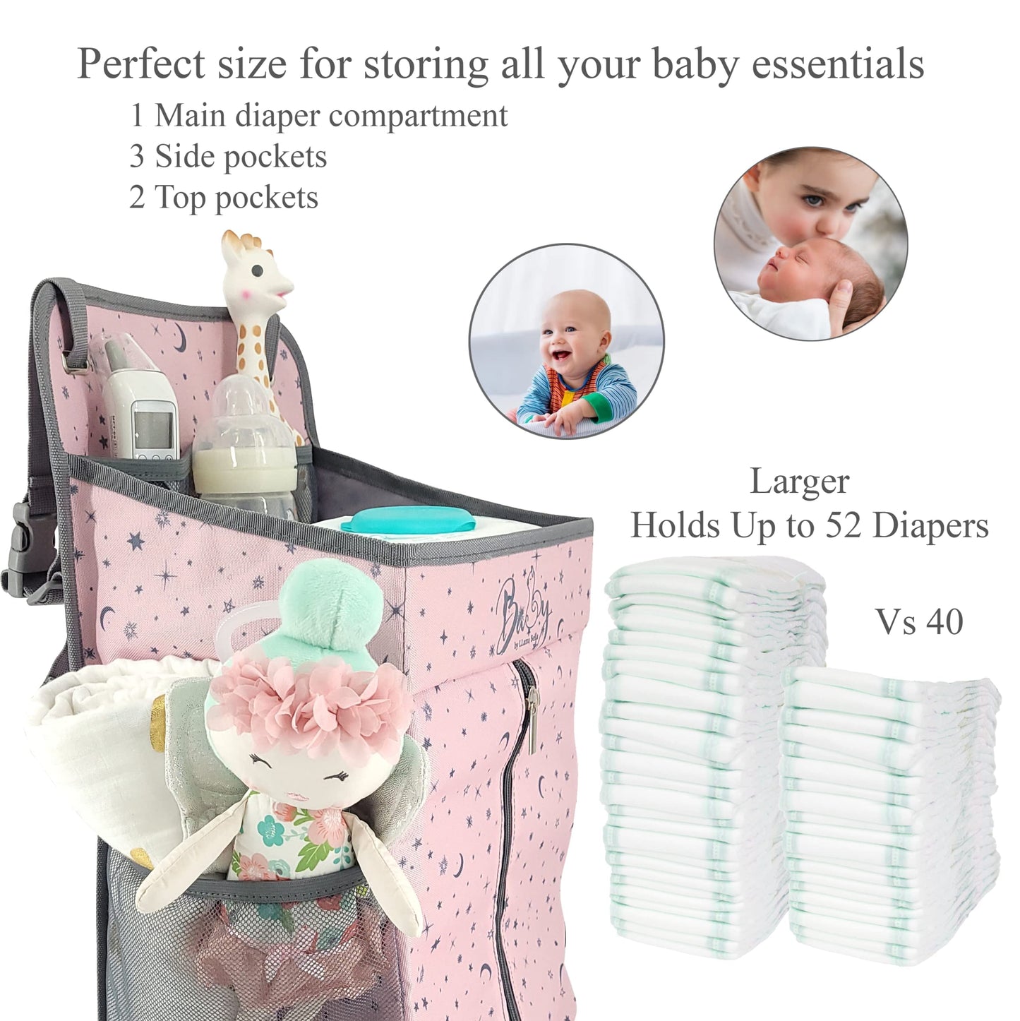 Llama Bella Hanging Diaper Caddy - Baby Diaper Organizer For Changing Table - Diaper Stacker For Crib, Playard Or Wall - Newborn