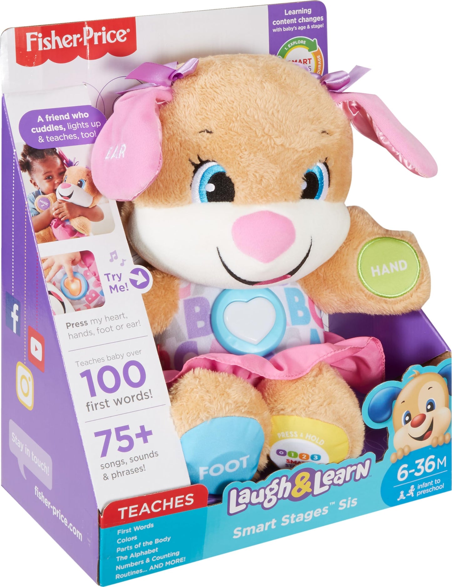 Fisher-Price Baby & Toddler Toy Laugh & Learn Smart Stages Sis Musical Plush with Lights & Phrases for Infants Ages 6+ Months