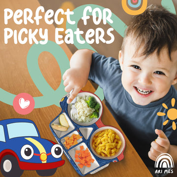 Ari Mes - Divided Car Plate For Toddlers With Spoon And Fork - Fun, Bpa-Free, Shatter- Resistant, Lightweight, Picky Eaters Kids