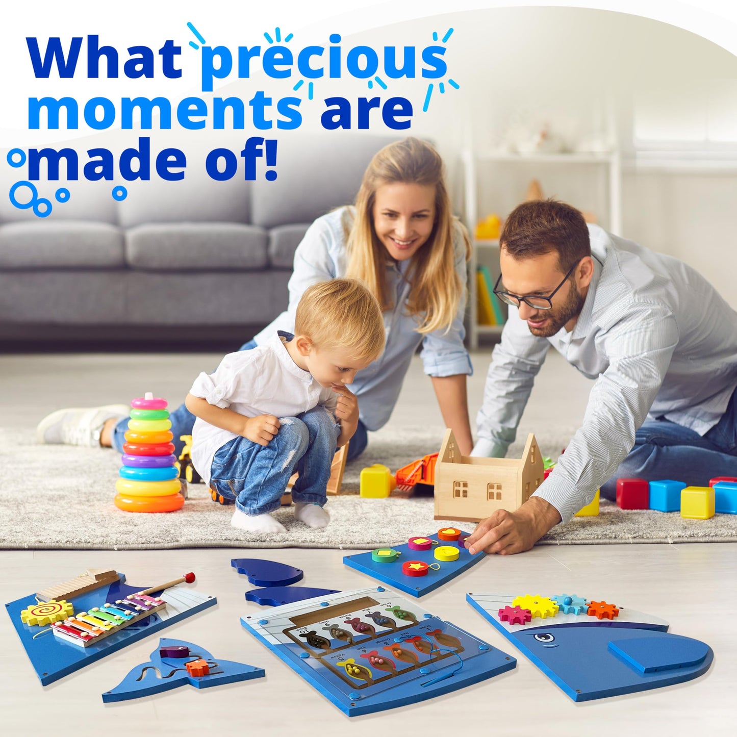 Molcey Whale Sensory Wall Panel for Kids, Includes Removable Theme Stickers, Busy Board Wall Toys for Toddlers, Activity Perfect