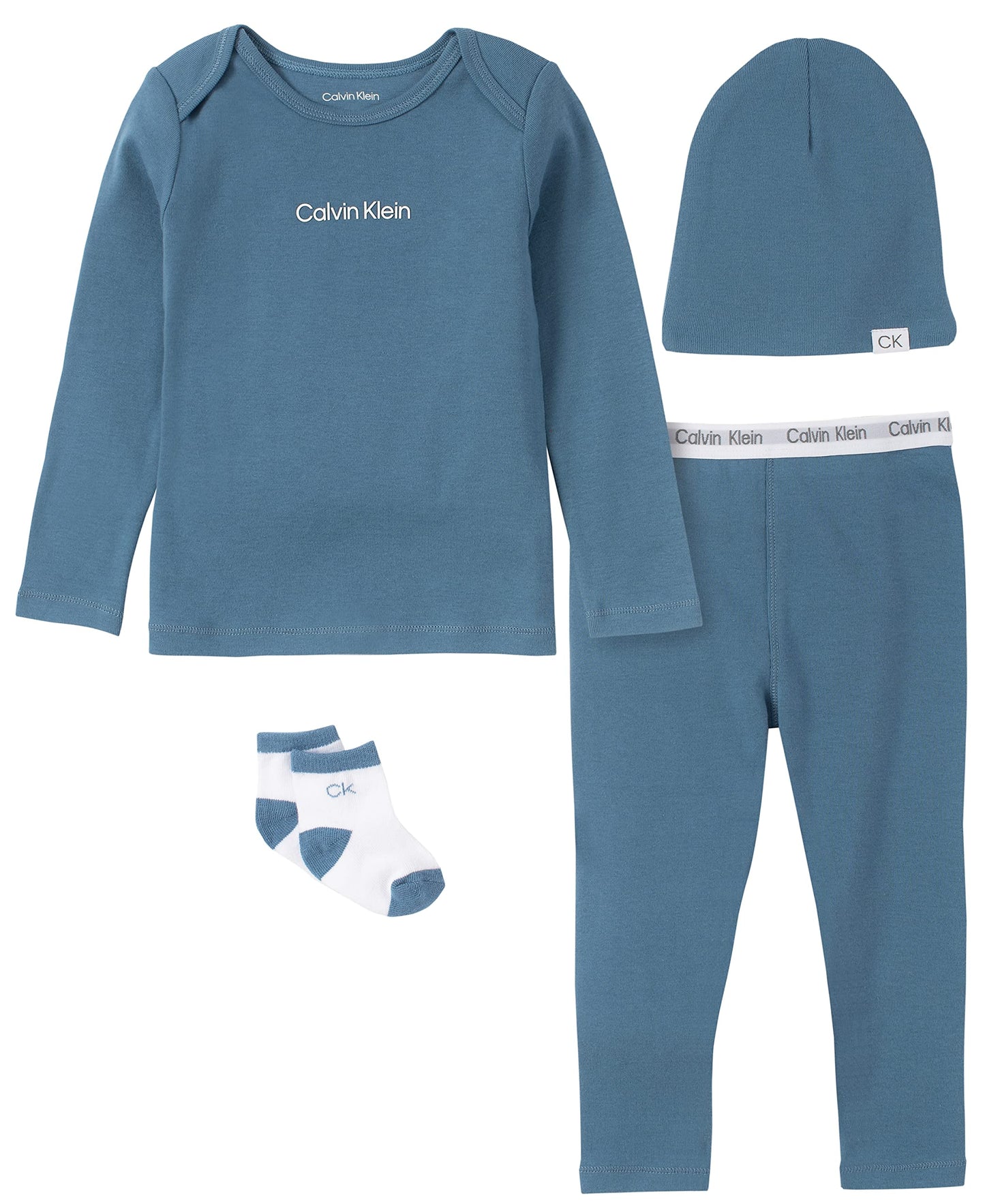 Calvin Klein Organic Baby Boys Essentials 4-Piece Set With Long Sleeve Tee & Pants, Ultra-Soft Beanie & Socks Included, Coronet