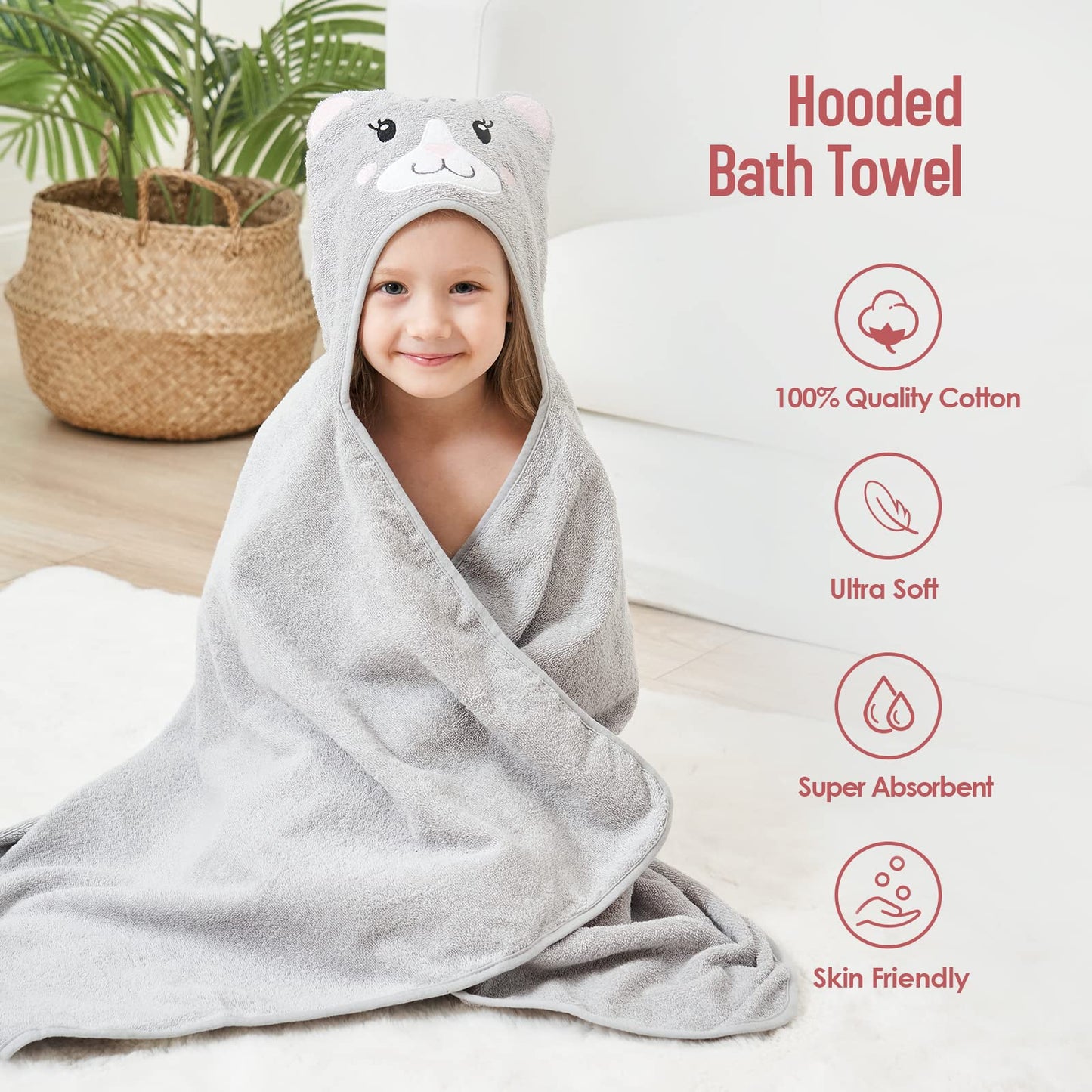Style Quarters Kids Hooded Bath Towel, Large Kids Bath Towels, Cartoon Cat Kids Beach Towels, 100% Cotton Terry Toddler Hooded B