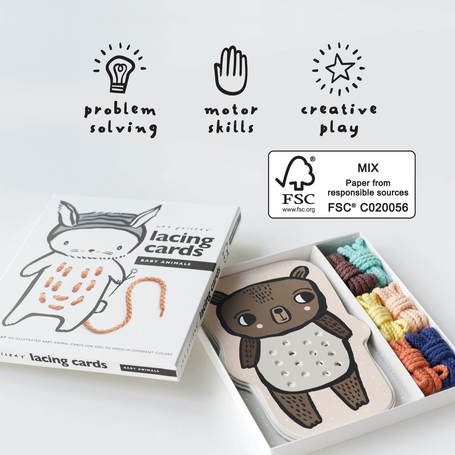 Wee Gallery Baby Animals Lacing Cards for Toddlers, Sewing Board Activity for Children, Kids Travel Activity to Improve Motor Sk