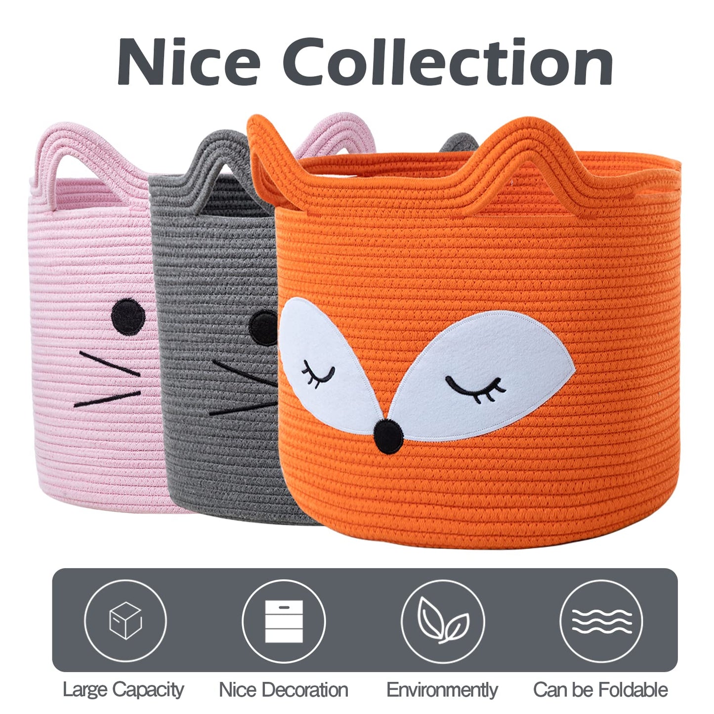 Vk Vkliving Fox Toy Basket Cotton Rope Animal Baskets Orange Laundry Hamper For Toys, Clothes,Gifts,Towels, Blankets, Empty Gift