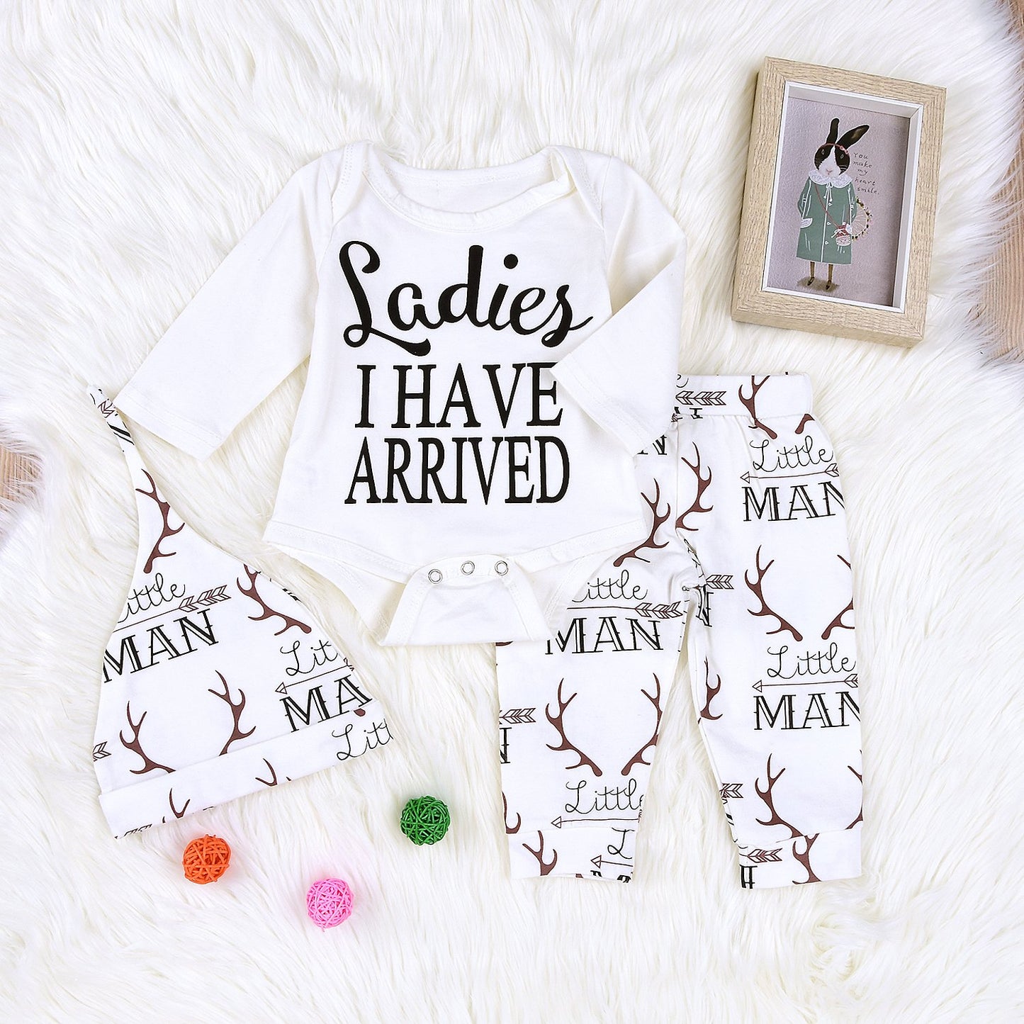 Newborn Suit For Baby Shower Deer Print Long Sleeve Romper+Long Pants+Hat (6-12Months, Man),12M