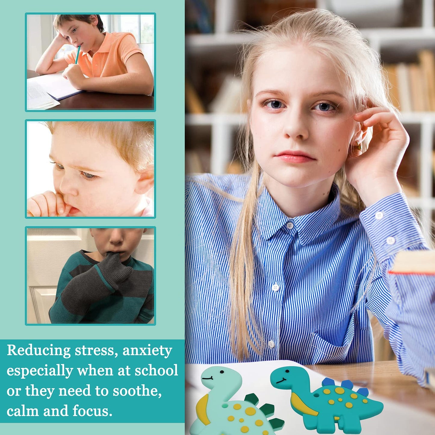 Chew Necklaces for Sensory Kids and Adults, 2 Pack Dinosaur Silicone Chewy Toys for Boys with Autism, ADHD, SPD, Reduce Chewing