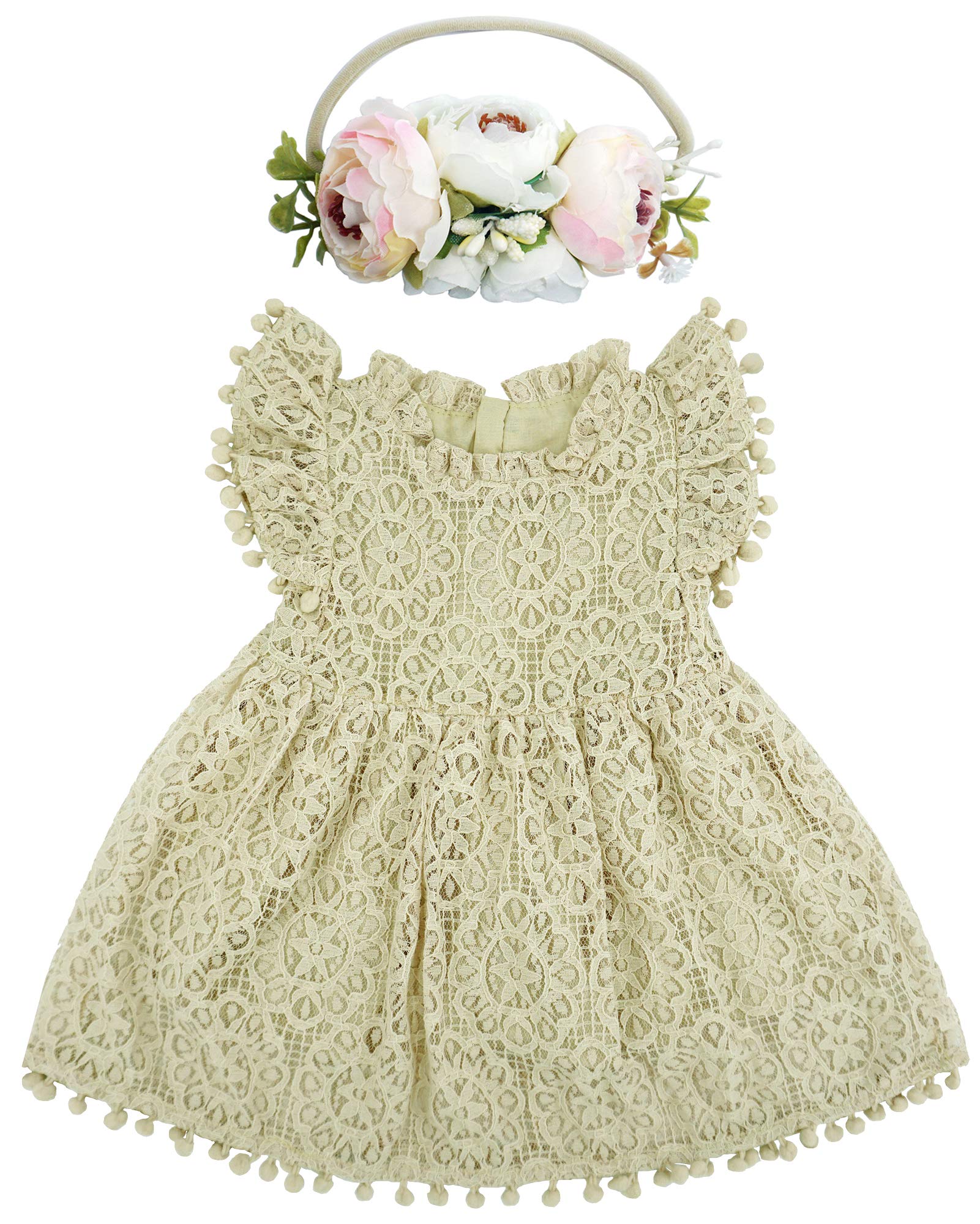 Bgfks Baby Girl Tutu Dress Elegant Lace Pom Pom Flutter Sleeve With Flower Headband Set(Cream,2T)