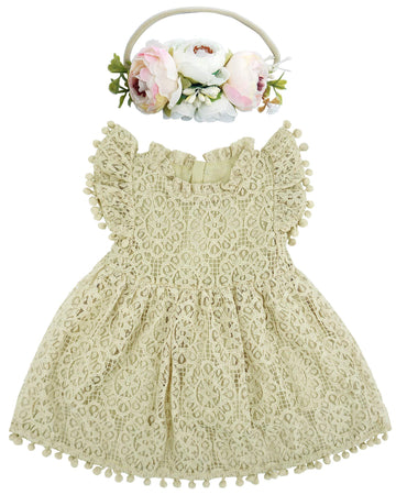 Bgfks Baby Girl Tutu Dress Elegant Lace Pom Pom Flutter Sleeve With Flower Headband Set(Cream,3T)