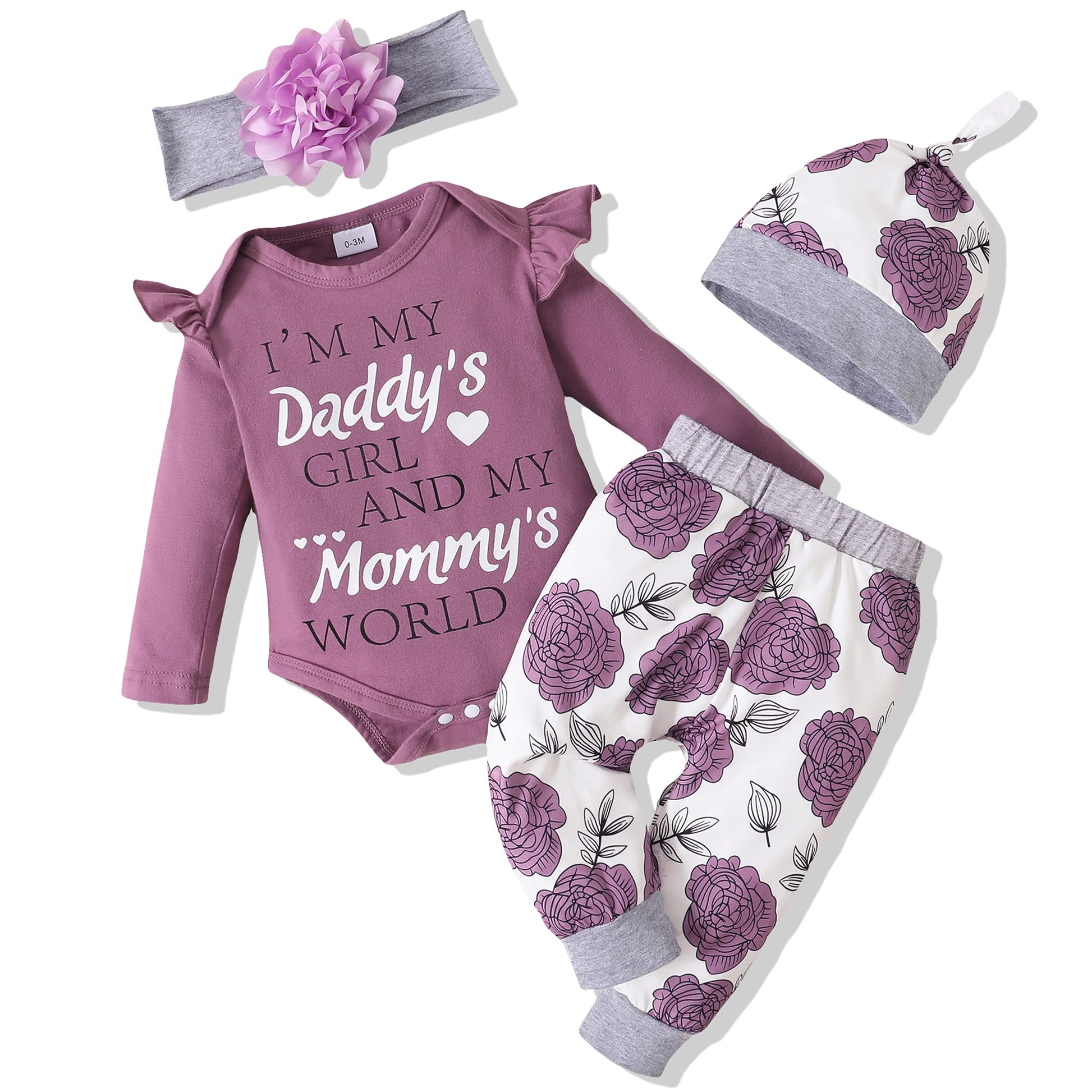 Renotemy Infant Clothes Baby Girl Stuff Long Sleeve Romper Pants Set 0-3 Months Purple
