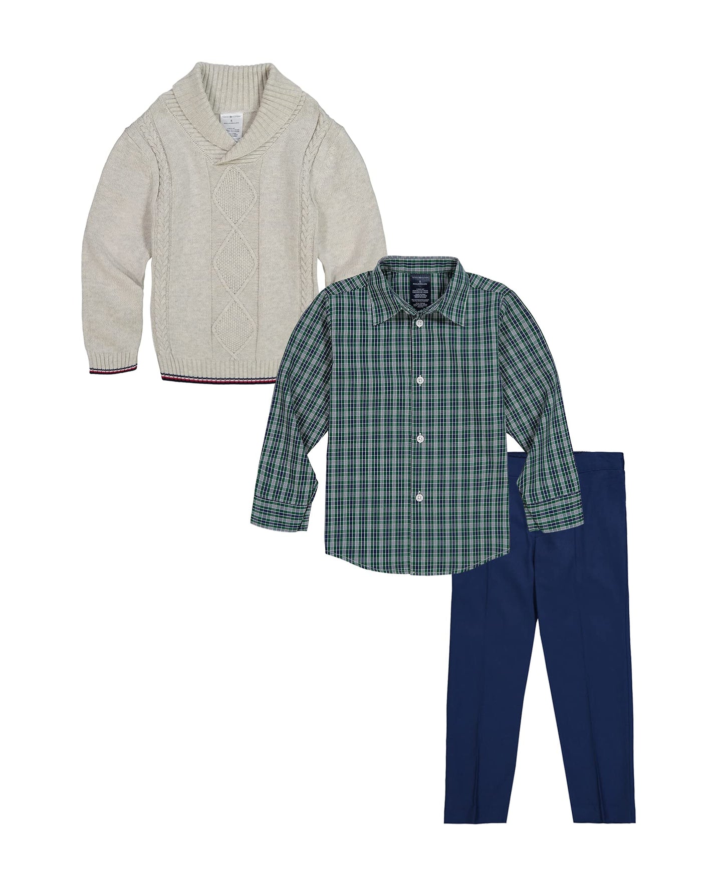 Tommy Hilfiger Boys' 3-Piece Sweater Set, Matching Button-Down Shirt, Sweater & Pants, Oatmeal Plaid, 0-3 Months
