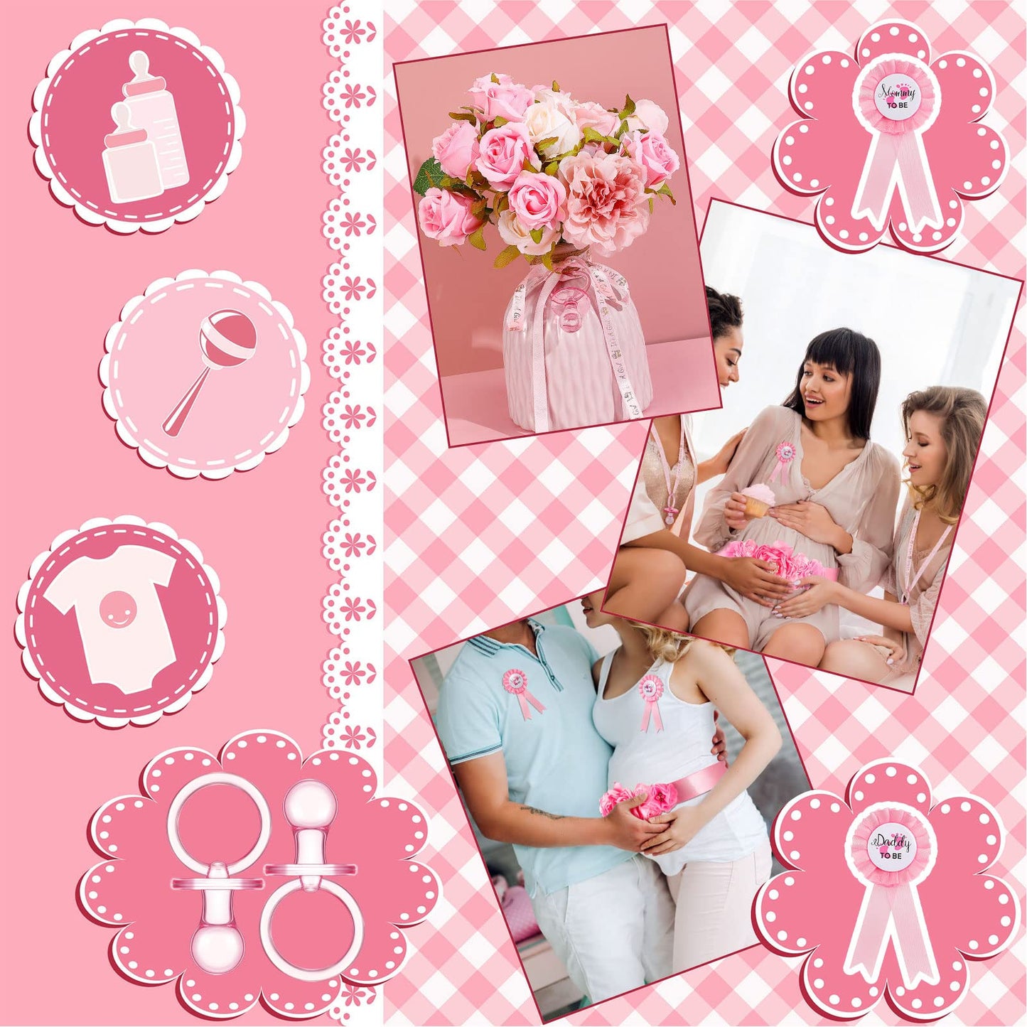 Konohan 53 Pcs Baby Shower Pacifiers Set Include Maternity Sash Pink Acrylic Pacifier It'S A Girl Ribbon Necklaces Mom And Dad T