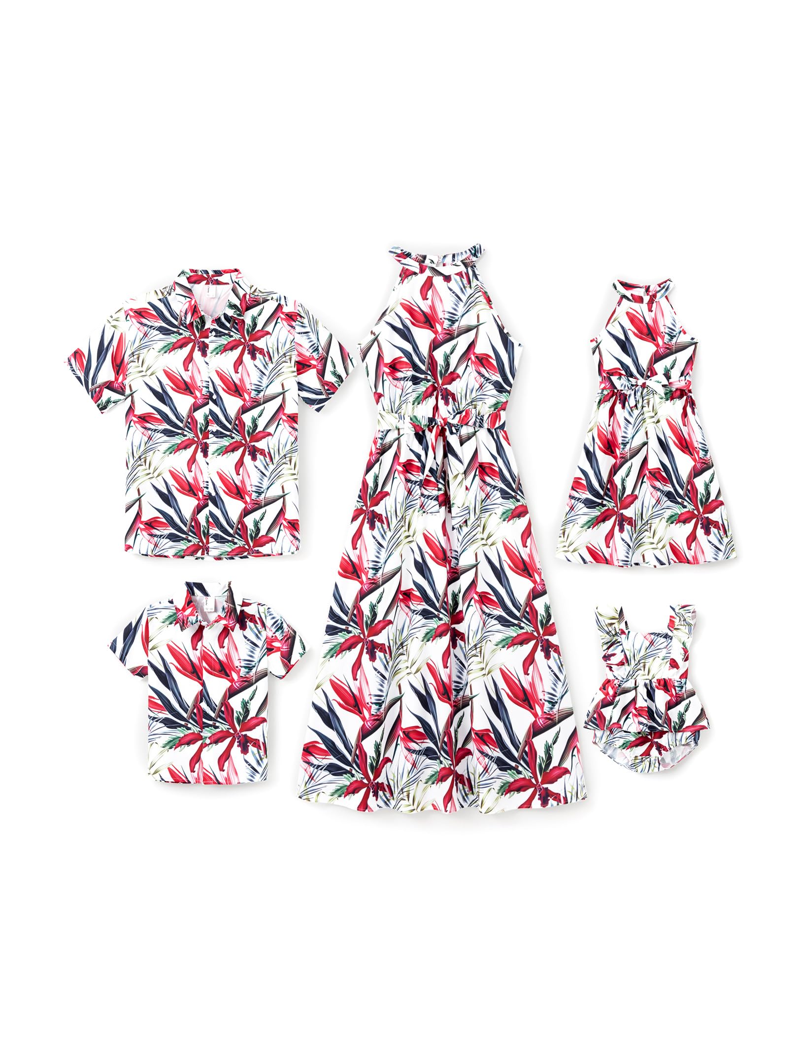 Patpat Matching Family Hawaiian Outfits - Mommy And Me Hawaiian Dress Matching Set Tropical Palm Newborn Dress Leaf Print Halter