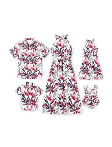 Patpat Matching Family Hawaiian Outfits - Mommy And Me Hawaiian Dress Matching Set Tropical Palm Newborn Dress Leaf Print Halter