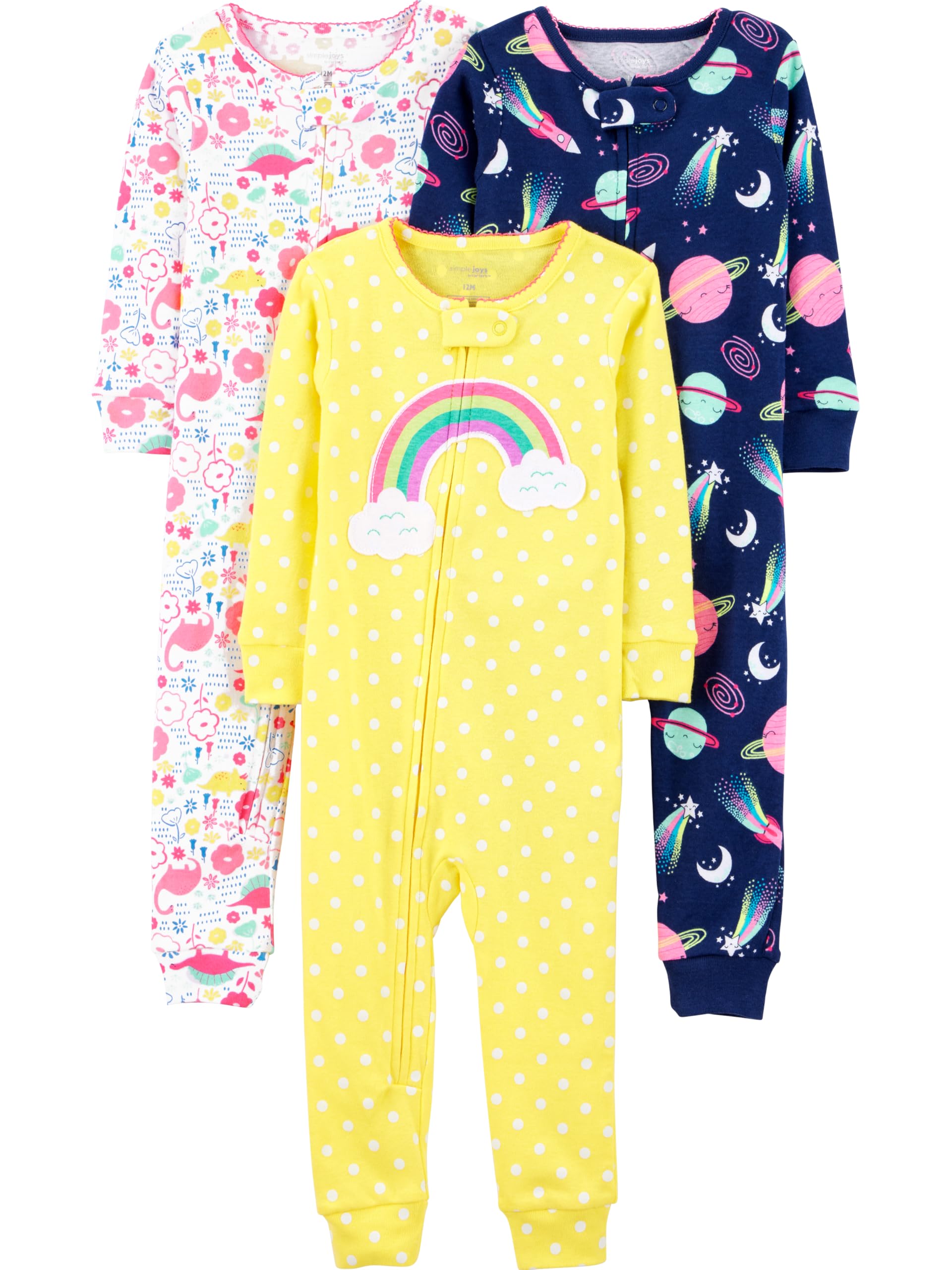 Simple Joys by Carters Baby 3-pack Snug-fit Footless Cotton Pajamas, dinosaur, space, rainbow, 18 Months