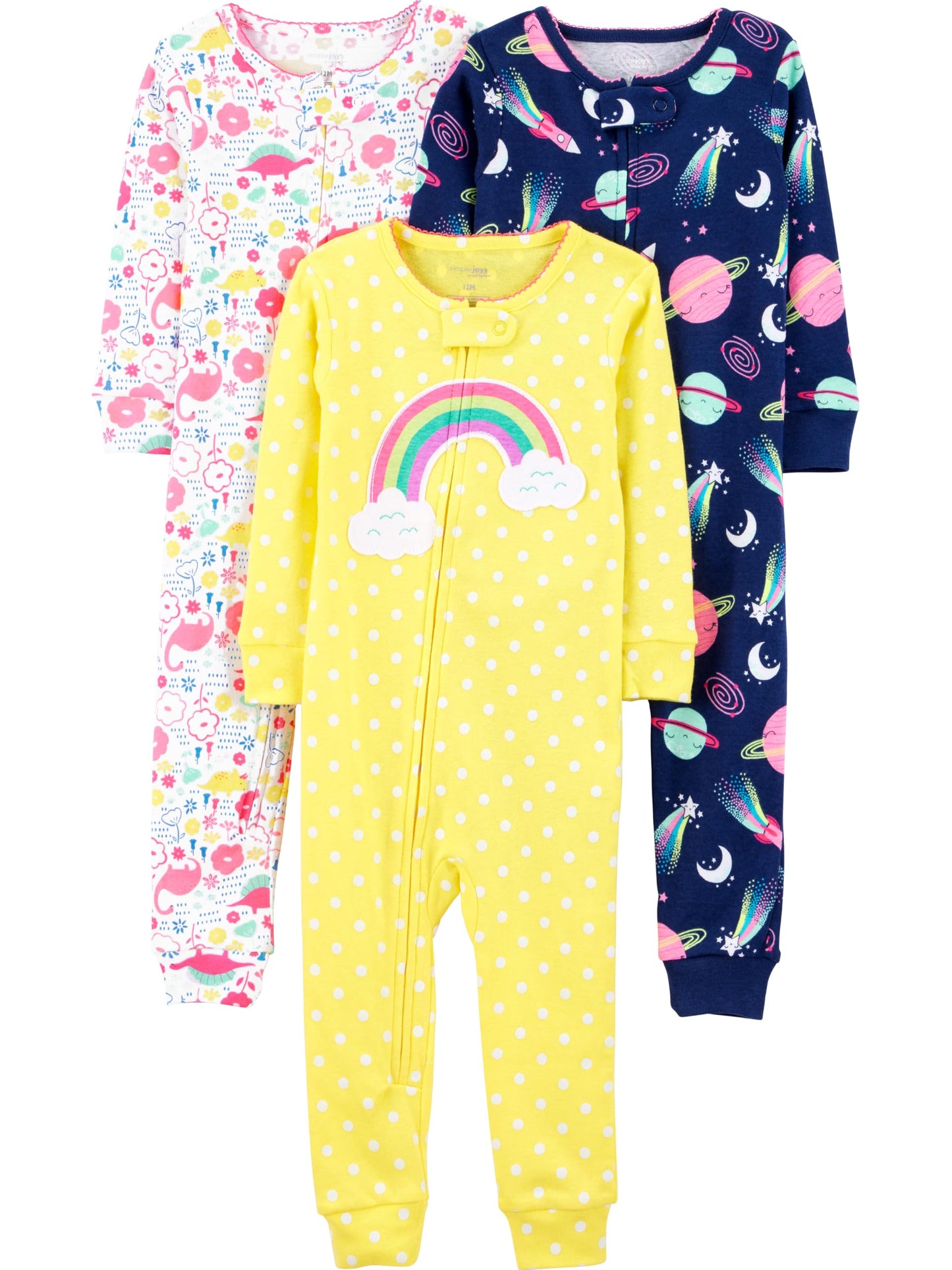Simple Joys by Carters Toddler Girls 3-pack Snug-fit Footless Cotton Pajamas, dinosaur, space, rainbow, 3T