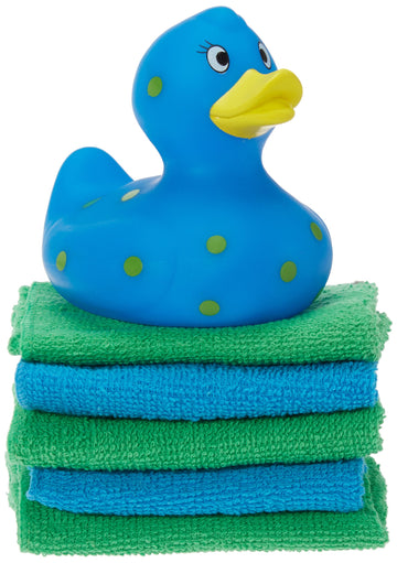 Cribmates Rubber Duck With Washcloths, Blue/Yellow Dots