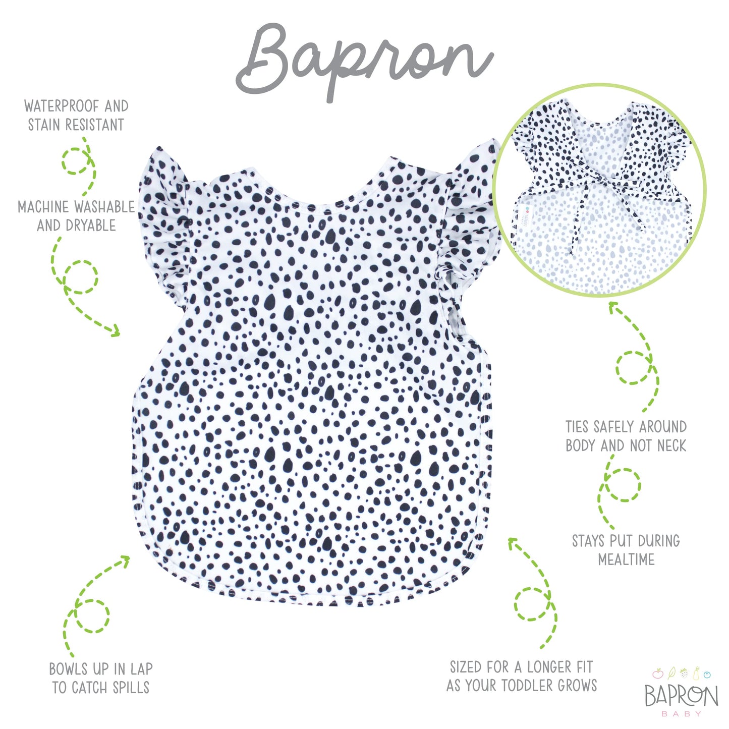 Bapronbaby Flutter Organic Dot Bapron - No Neck Tie Safer Bib For Baby & Toddler - Soft Waterproof Stain Resistant - Machine Was