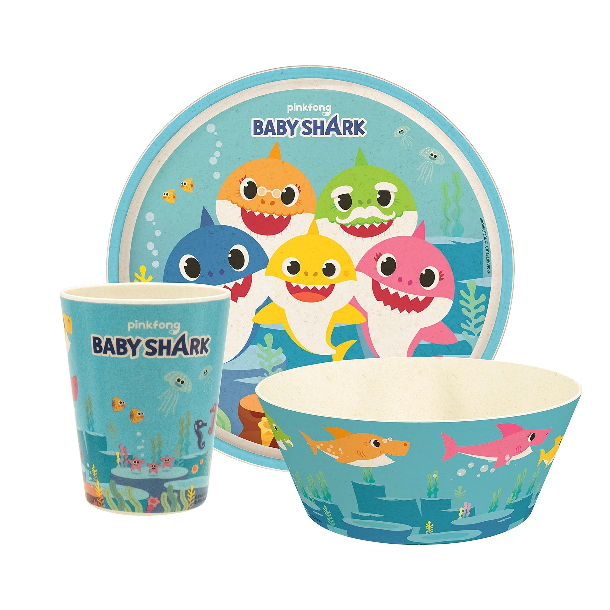 Zak Designs Baby Shark Dinnerware Set for Kids Includes 8 Plate, 6 Bowl, and 10oz Tumbler, Durable and Sustainable Melamine Bamb