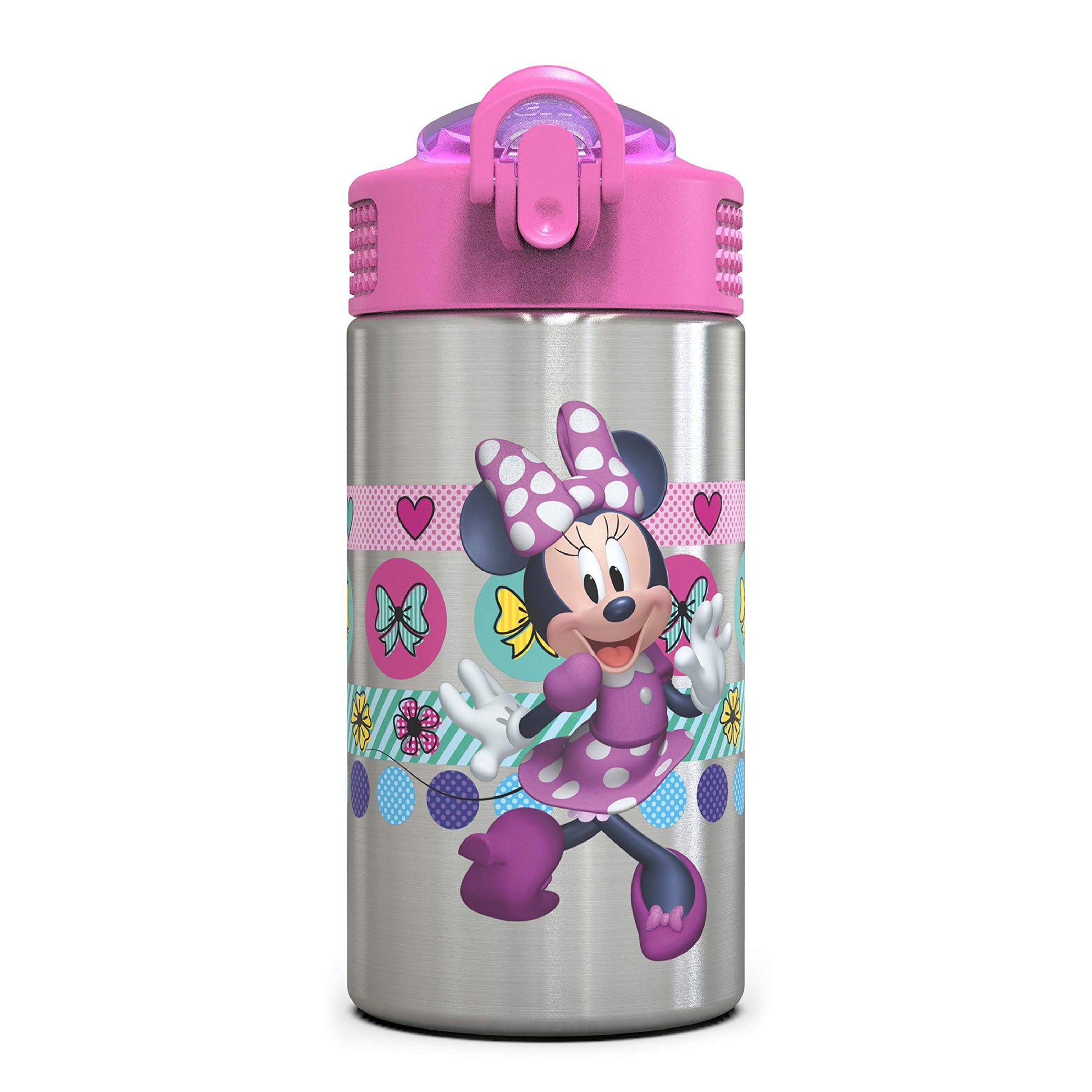 Zak Designs Disney Minnies Happy Helpers - Stainless Steel Water Bottle With One Hand Operation Action Lid And Built-In Carrying