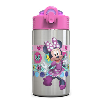 Zak Designs Disney Minnies Happy Helpers - Stainless Steel Water Bottle With One Hand Operation Action Lid And Built-In Carrying