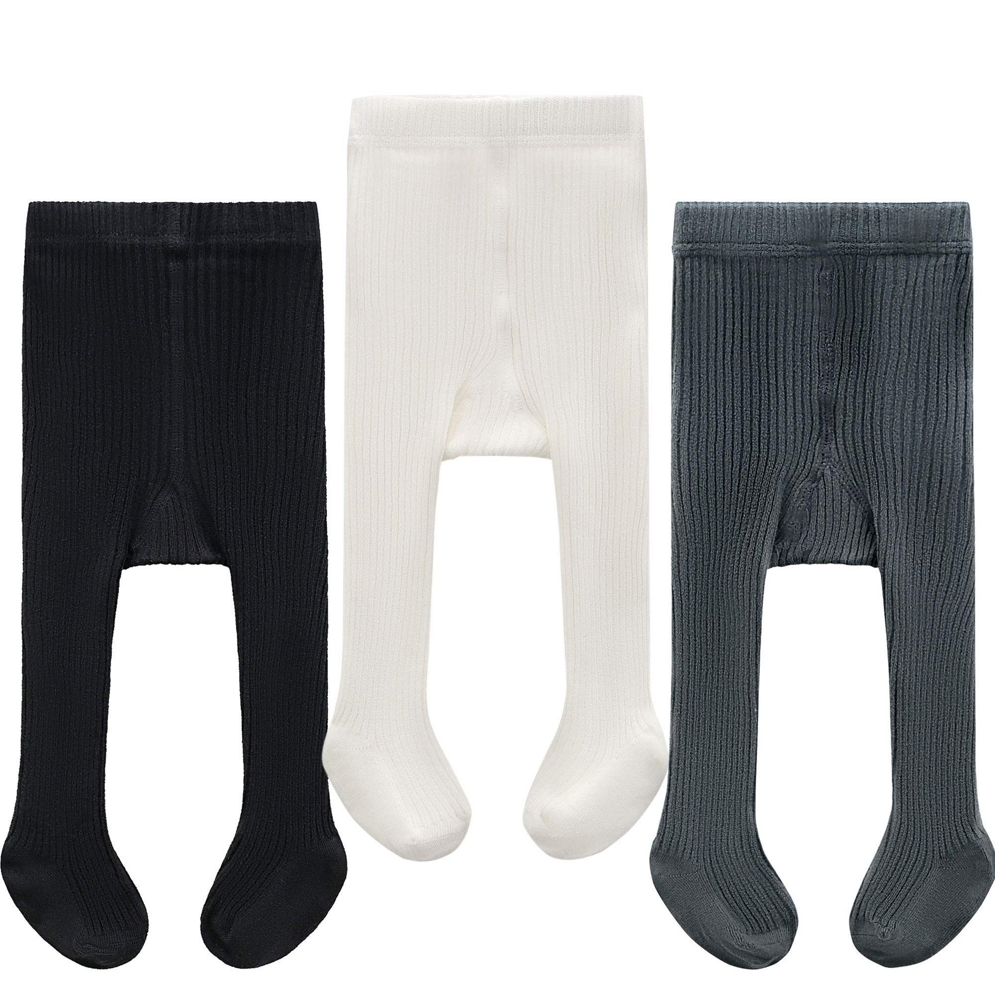 Cecorc Baby Girls Tights Toddler Cable Knit Leggings Infants Stockings Cotton Pantyhose,3-6 Months,3Pack,Black/White/Darkgrey