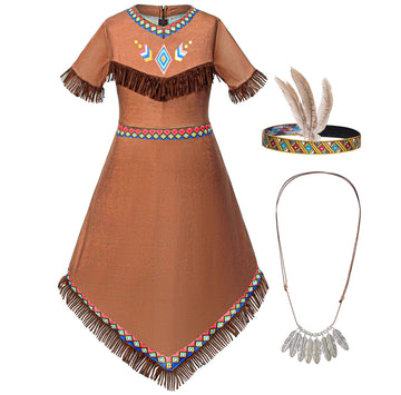 Native American Costume Girls Dress Indigenous American Indians Kids Cosplay 6-7 Years Brown