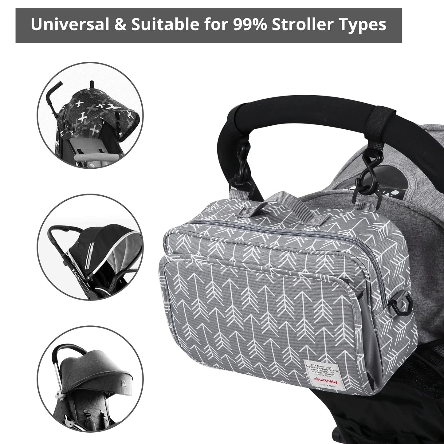 Universal Stroller Caddy Accessories All-In-One Baby Organizer With Insulated Pocket,Capacity For Diapers, Toys & Snacks, Dark G