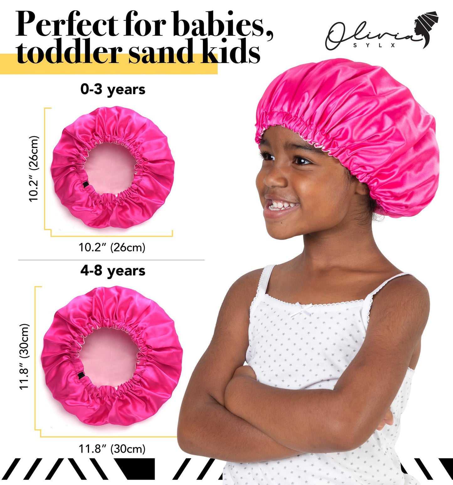 Olivia Sylx Satin & Silk Bonnet - Sleep Cap For Toddlers & Girls, Hair Cover For Sleeping - Adjustable (Hot Pink/Light Pink, 0-3