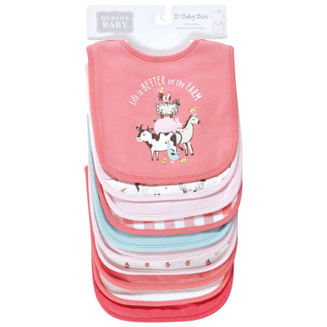 Hudson Baby Unisex Baby Cotton Bibs, Girl Farm Animals, One Size