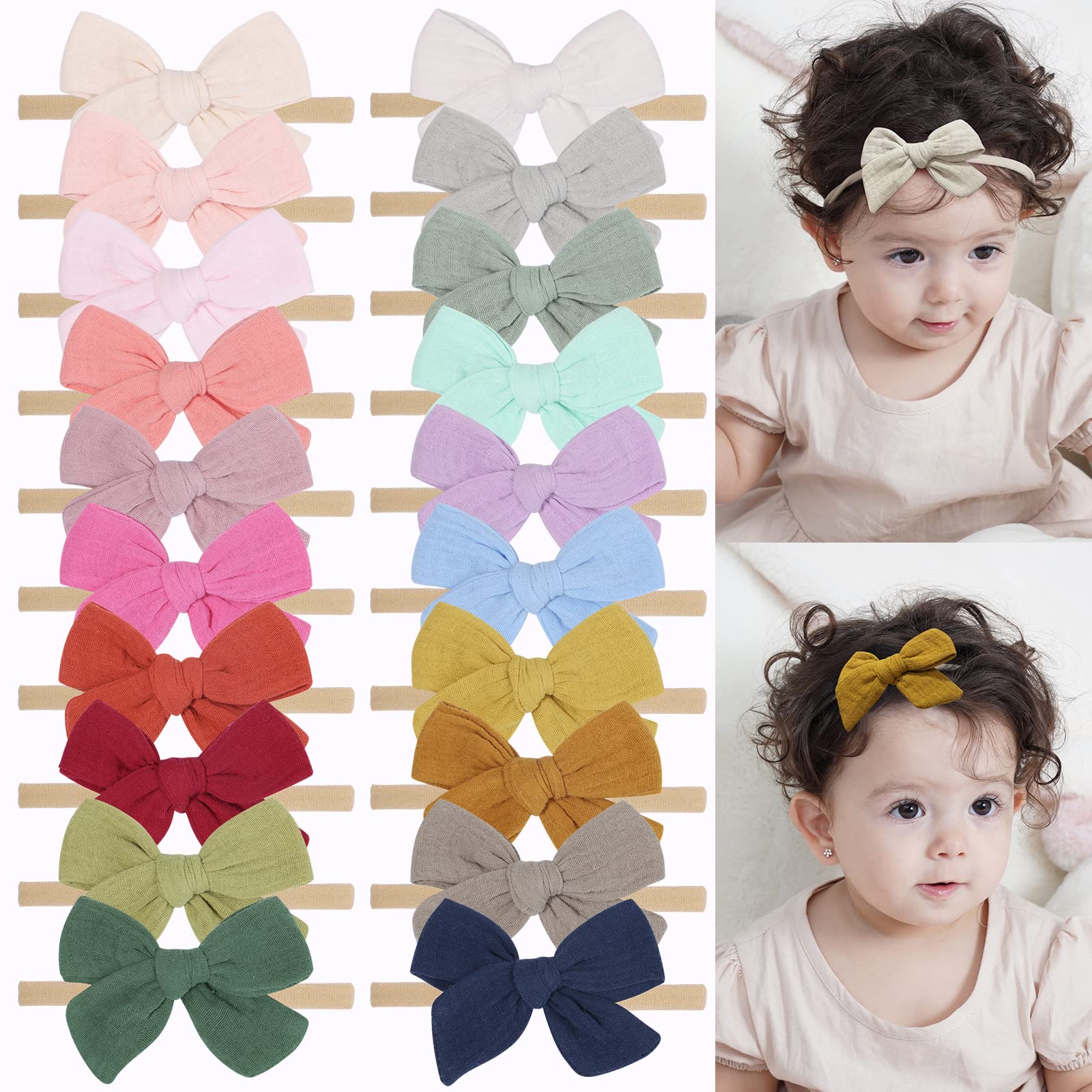 Doboi 20Pcs Baby Headbands Hair Bows Muslin Gauze Bows Elastic Nylon Hairbands Boutique Soft Hair Accessories For Girls Newborns