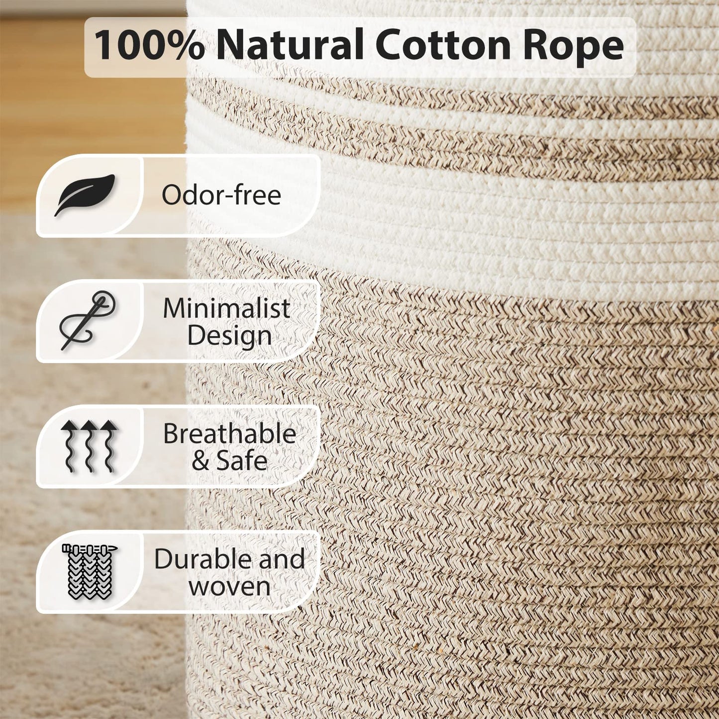 72L Large Woven Laundry Hamper By Fiona'S Magic, Tall Cotton Rope Storage Basket, Jute Baby Nursery Hamper For Blankets, Toys An