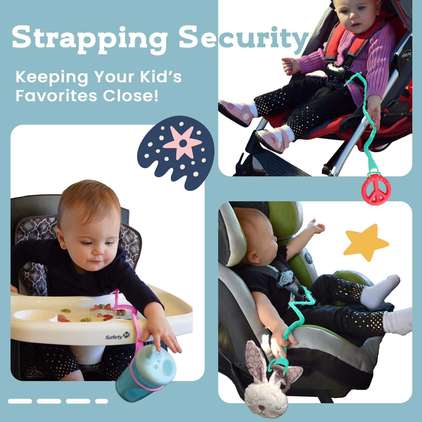Brilli Baby Cup Catcher Patented Safety Tether Strap, Attach Sippy Cups, Bottles, Toys, Pacifiers To Stroller, High Chair, Car S