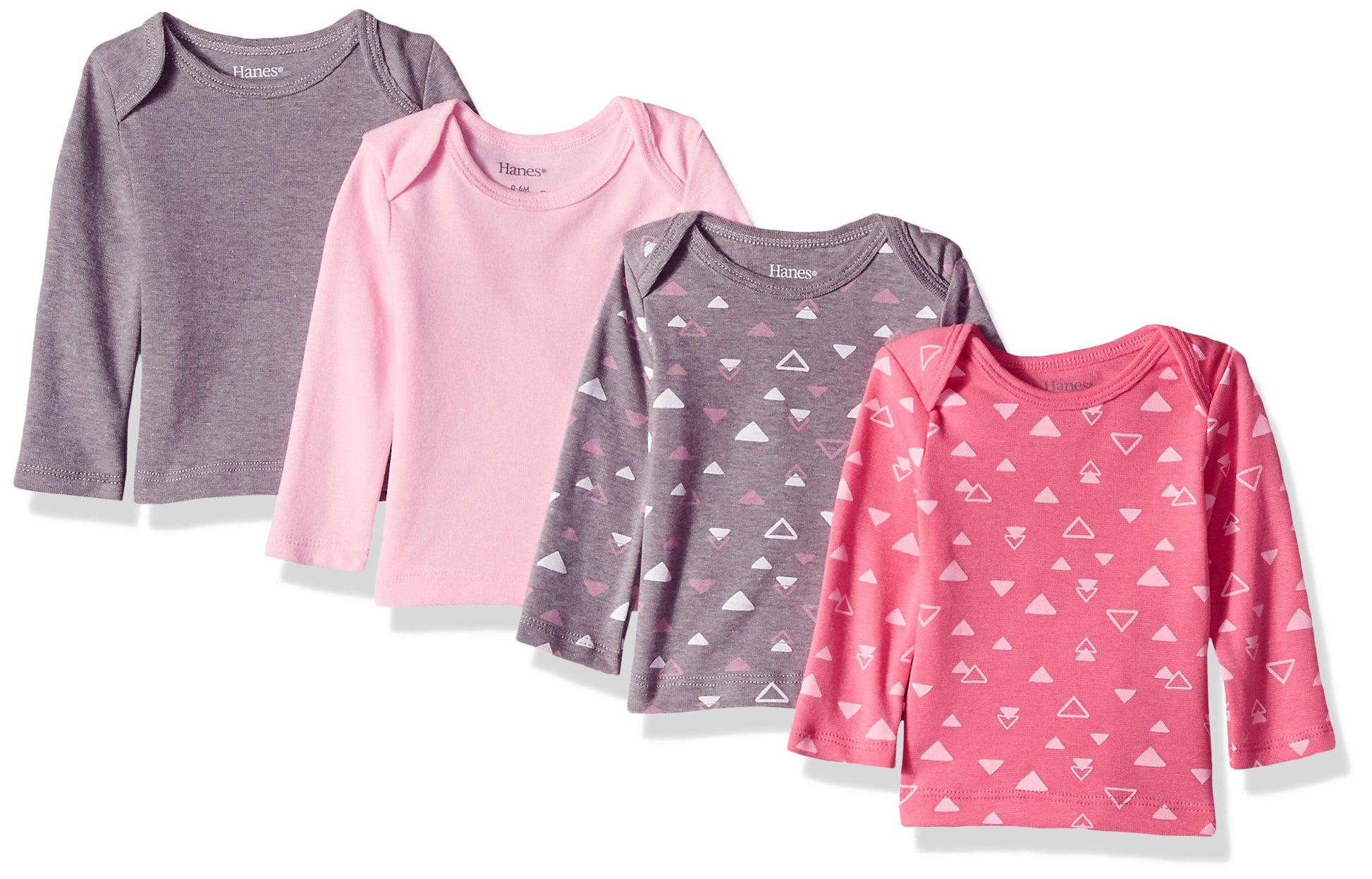 Hanes baby girls Ultimate Flexy 4 Pack Long Sleeve Crew Tees T Shirt Set, Pink Shapes, 18-24 Months US
