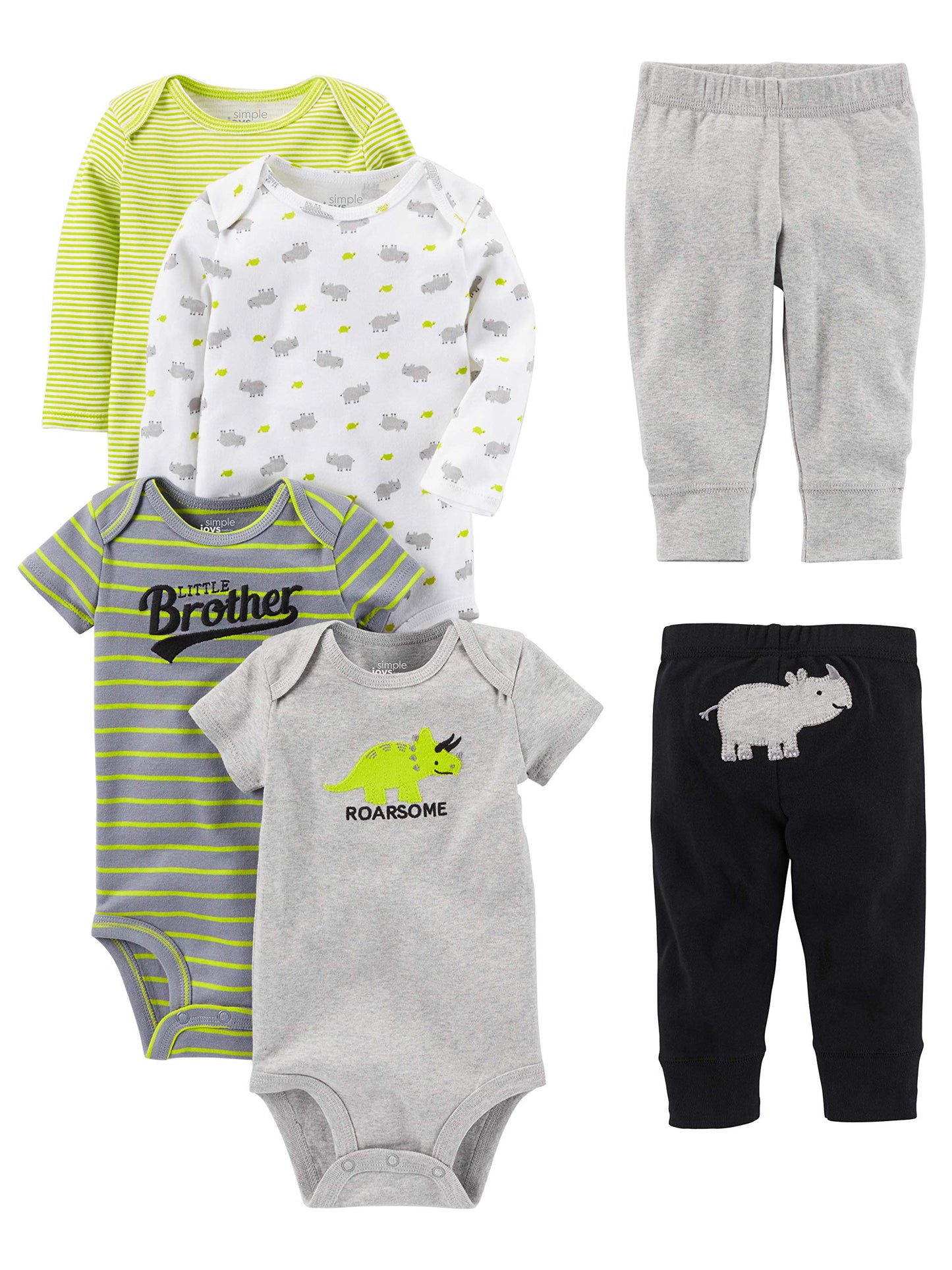Simple Joys Baby Boys 6 piece Little Character sets Sleepwear, Green/Grey Rhino, Newborn