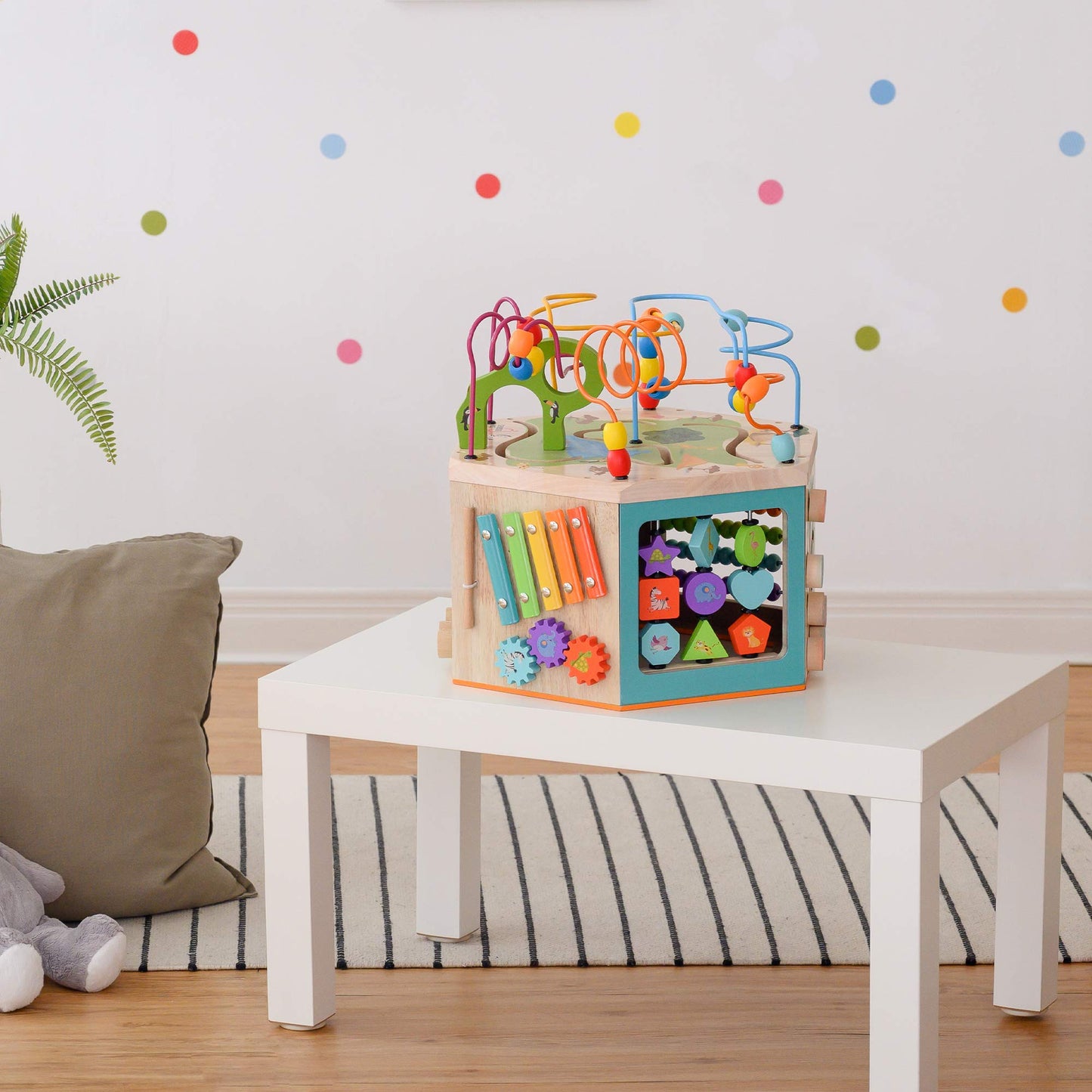 Teamson Kids Preschool Play Lab 7-in-1 Large Wooden Activity Cube Station Center Bead Maze and Counting for Kids Baby Toys, Natu