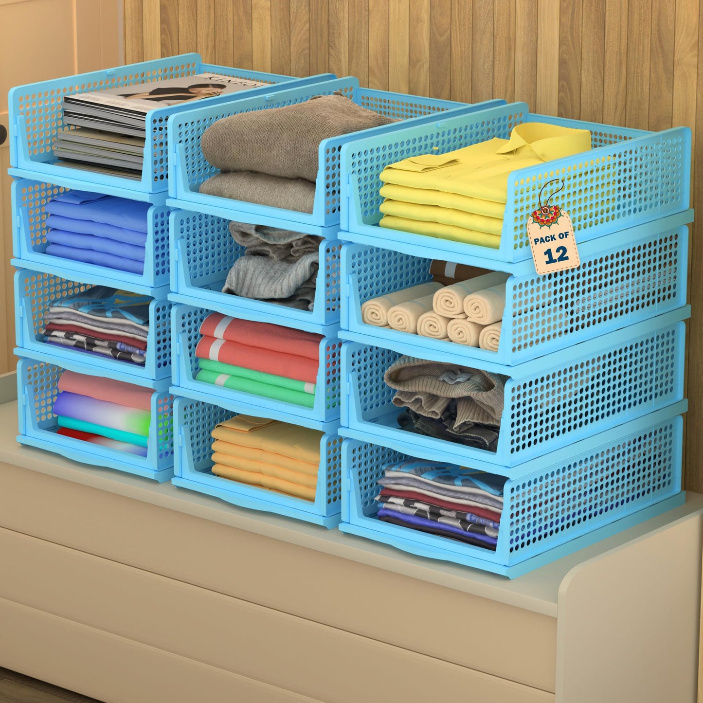 Kuber Industries 12 Pcs Foldable Kids Wardrobe Organizer For Clothes Storage | Stackable Slide Out Baby Dress Organiser For Ward