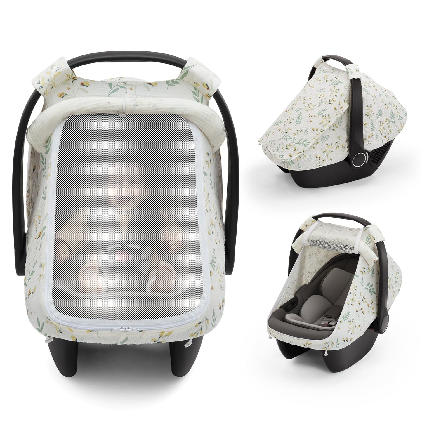 Blissful Diary Baby Car Seat Cover, Extra Large Mesh Window, Breathable Muslin Cotton, Infant Windproof Canopy - Botanical Leaf